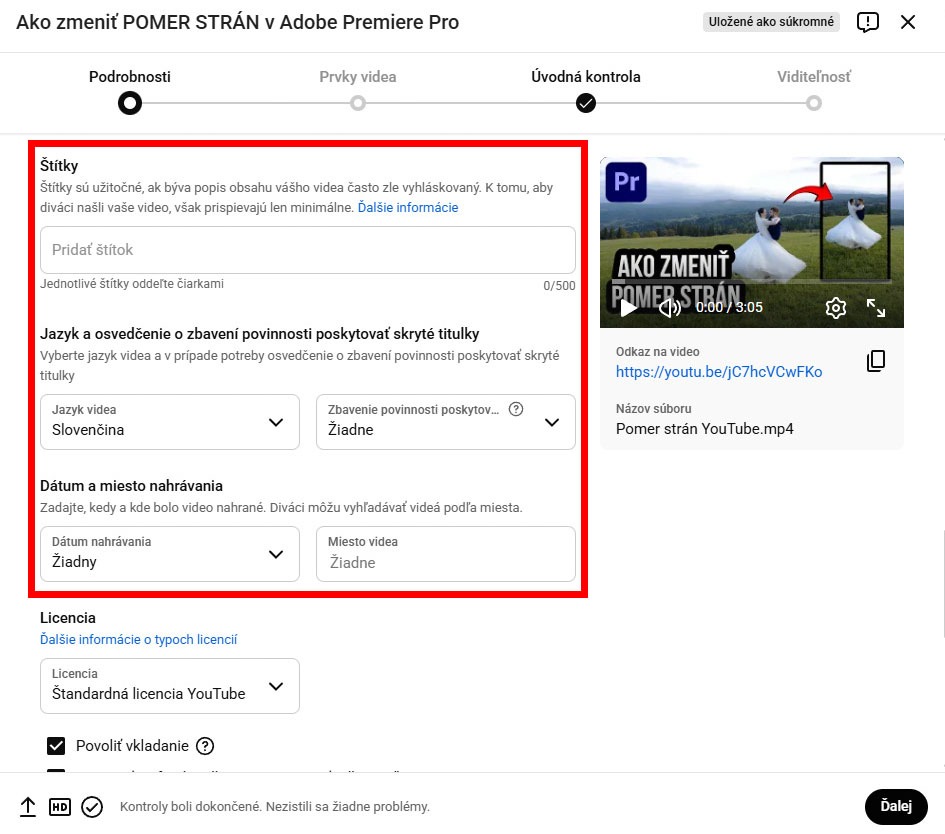 Štítky, jazyk videa a miesto videa